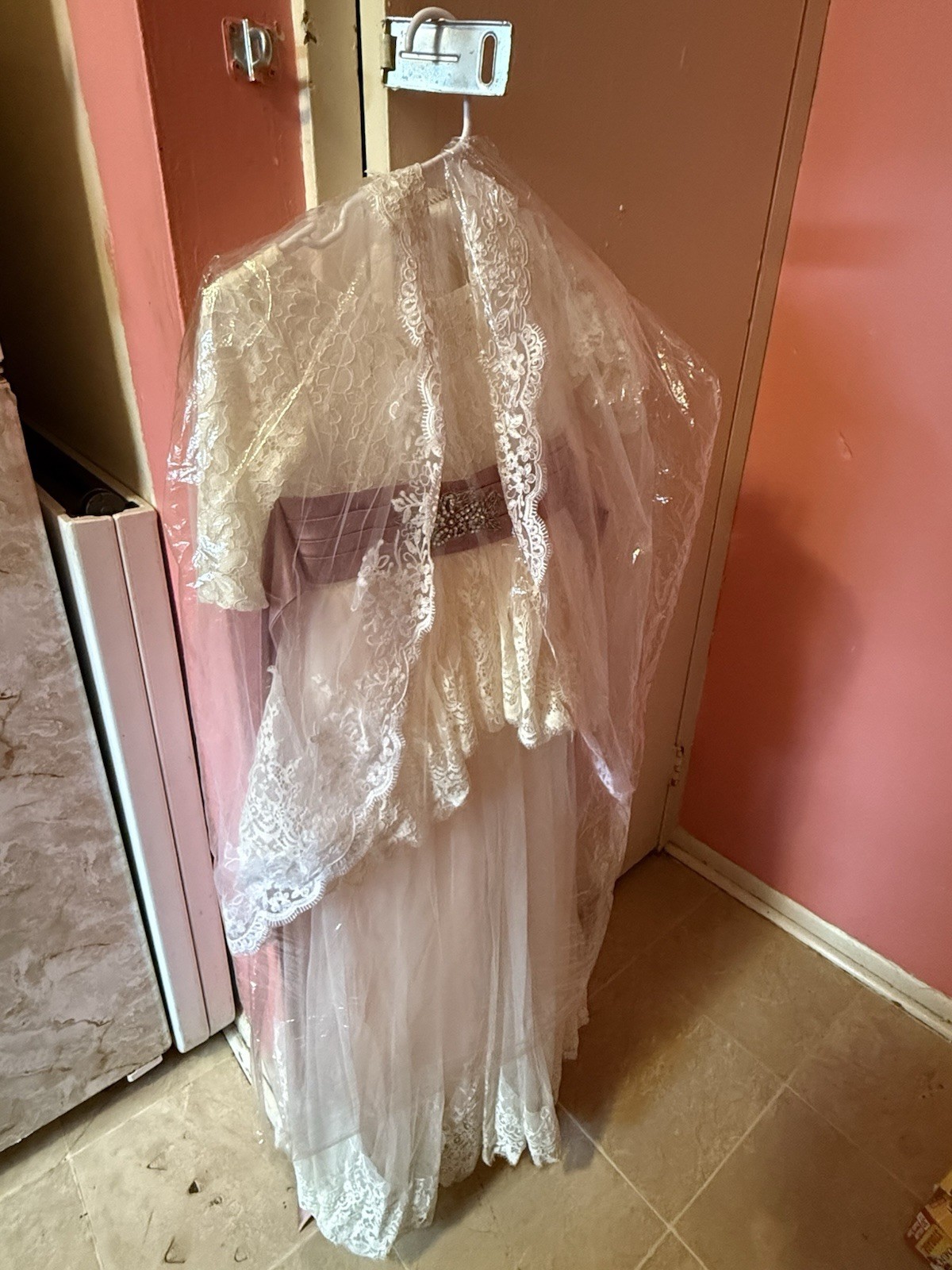 Lace A-Line Boat Neck Wedding Dress with Veil and Purple Sash