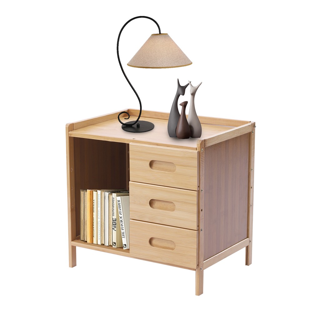 3 Drawers Bamboo Bedside Table Storage Box Bedroom End Side Table Large Capacity