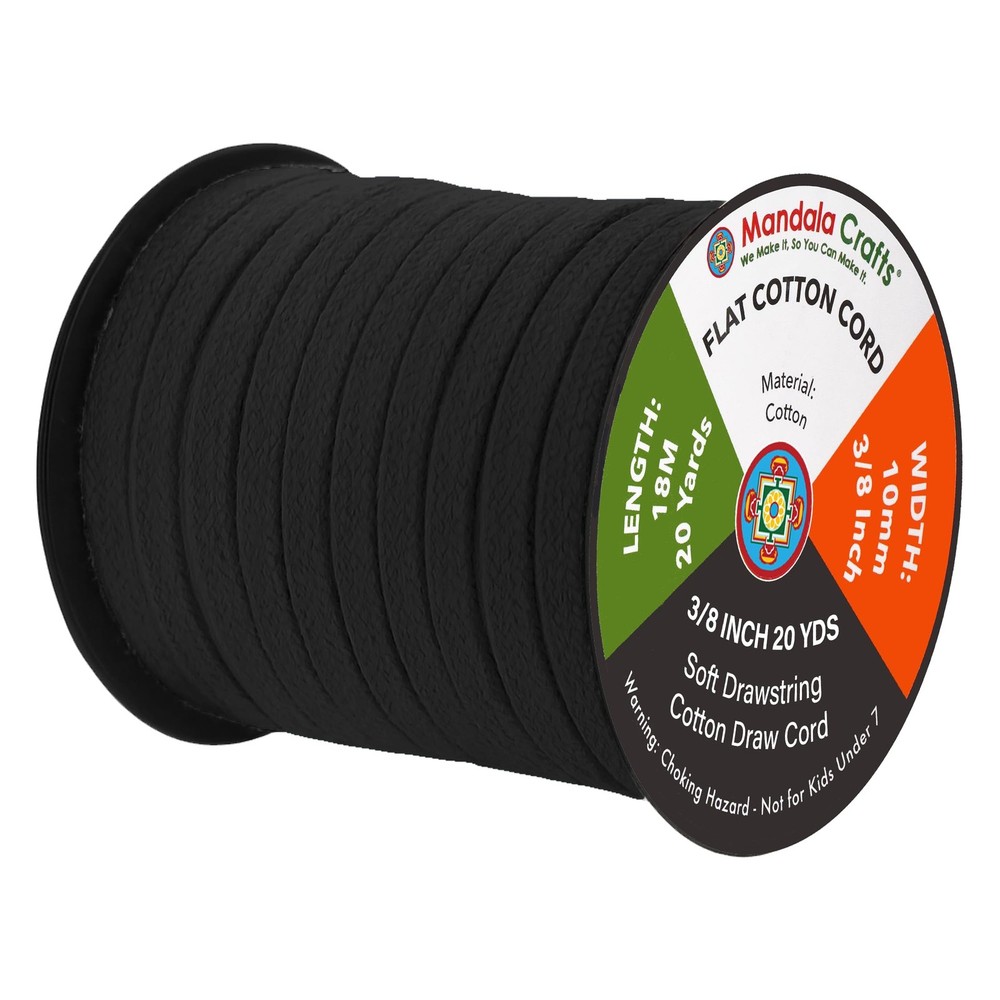Mandala Crafts Black Flat Drawstring Cord Replacement 3/8 Inch 20 YDs
