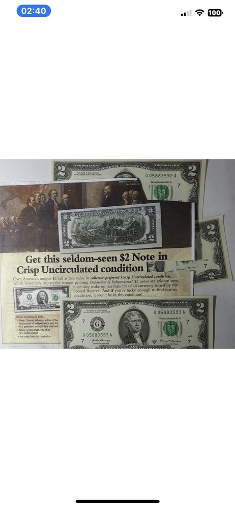 Uncirculated U.S. new consecutive 5 2017A $2 dollar notes w/gift giving envelope