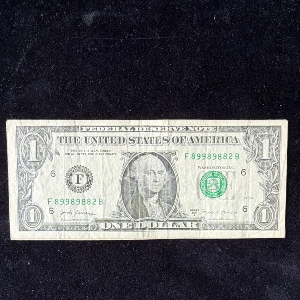 $1 US Dollar Bill Error Note F89989882B Misaligned Partial Print trinity four 8s