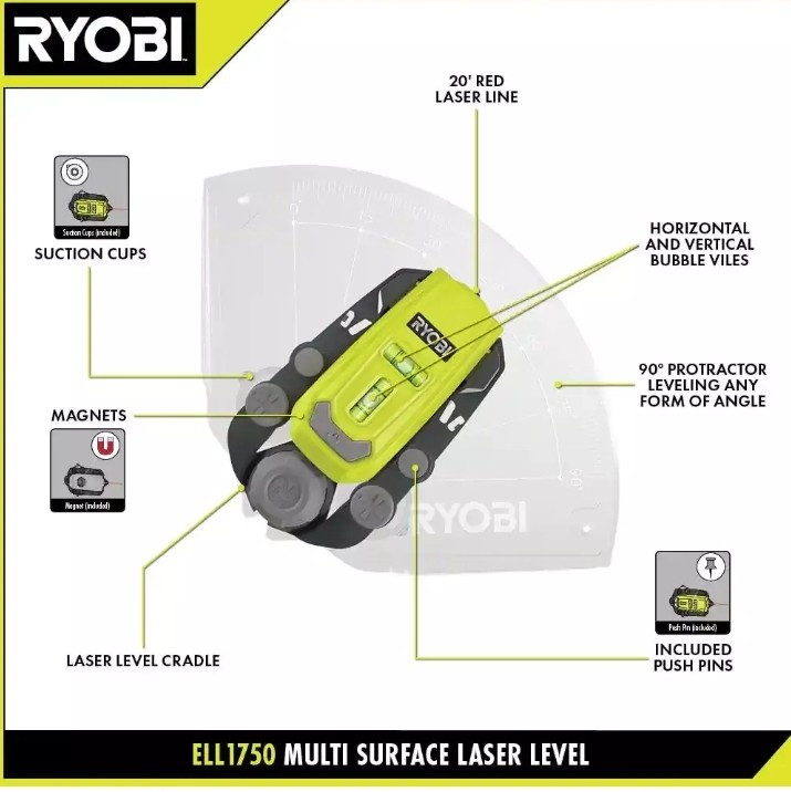 RYOBI Multi Surface Laser Level 2 Vial, 20Ft Horizontal & Vertical Line Laser