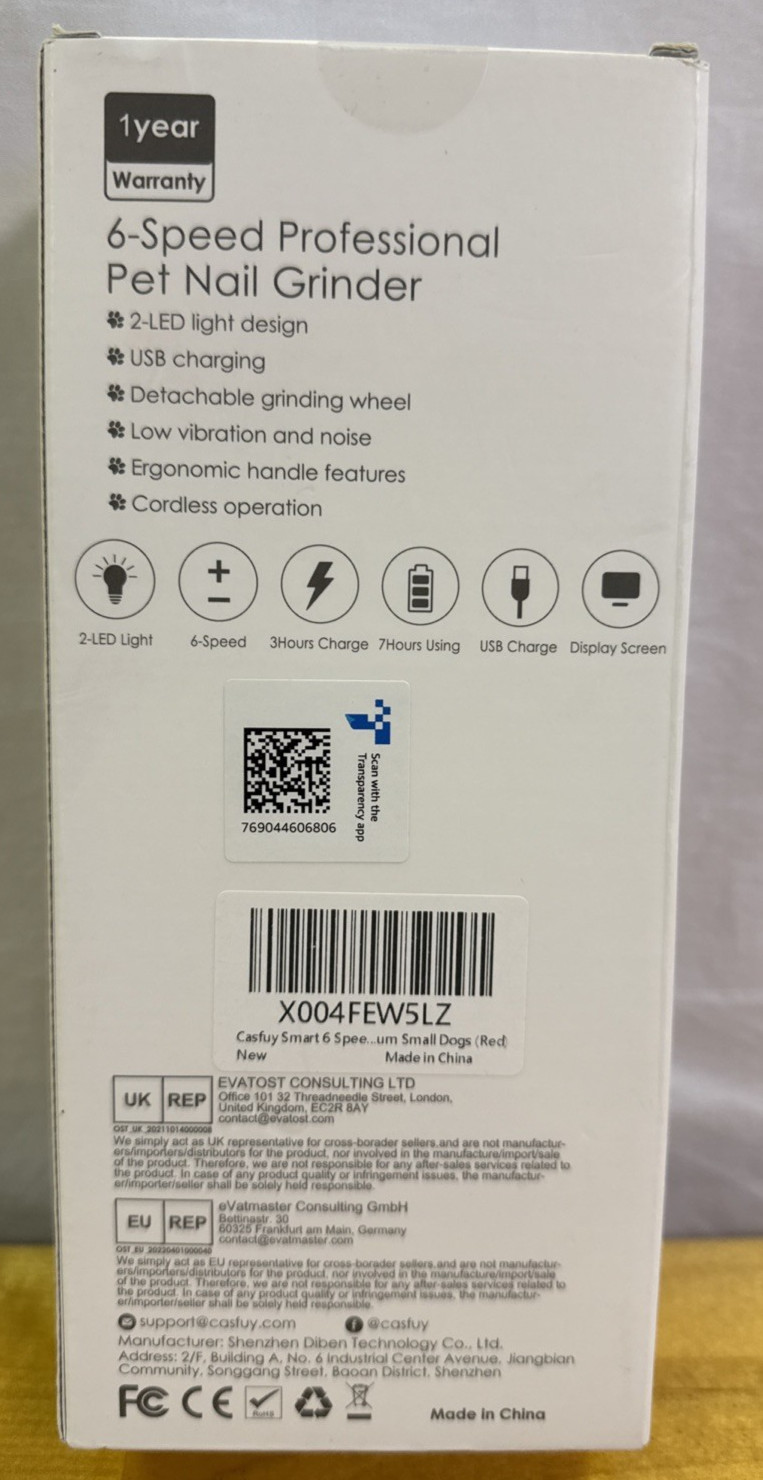 Casfuy Smart 6-Speed Dog Nail Grinder 50% More Power 2 LED Lights Quiet Red NEW