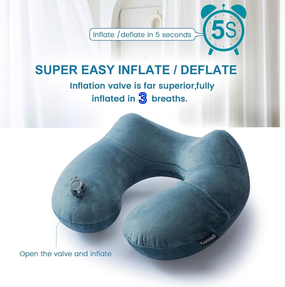 Inflatable Travel Neck Pillow Polyester Soft Support for Airplane Long Flights