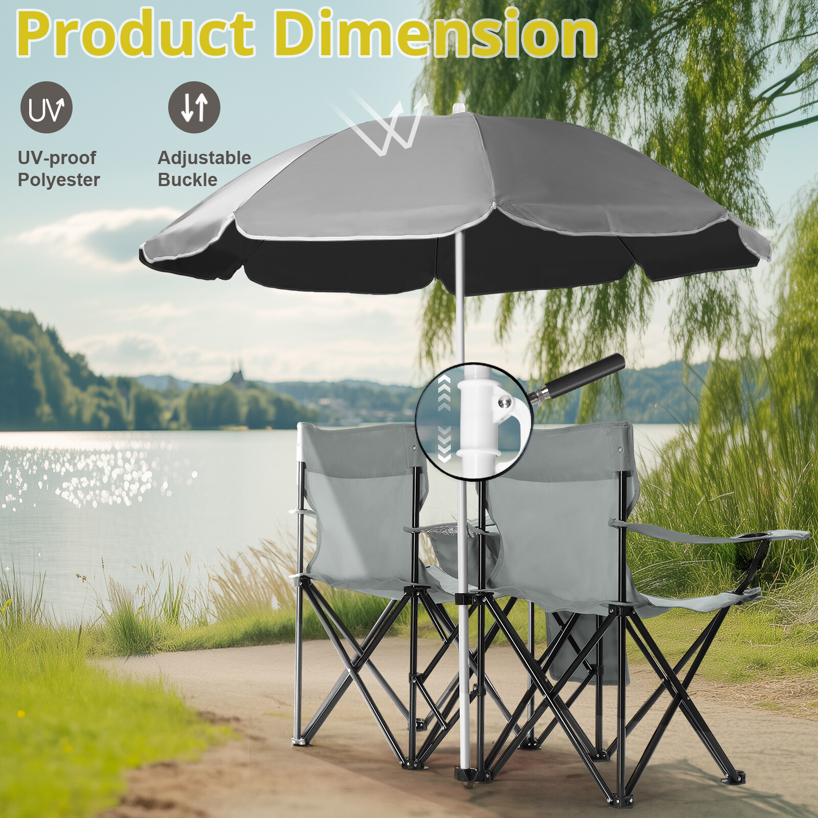 Double Folding Chair Picnic Cooler Camping Beach with Removable Sun Umbrella