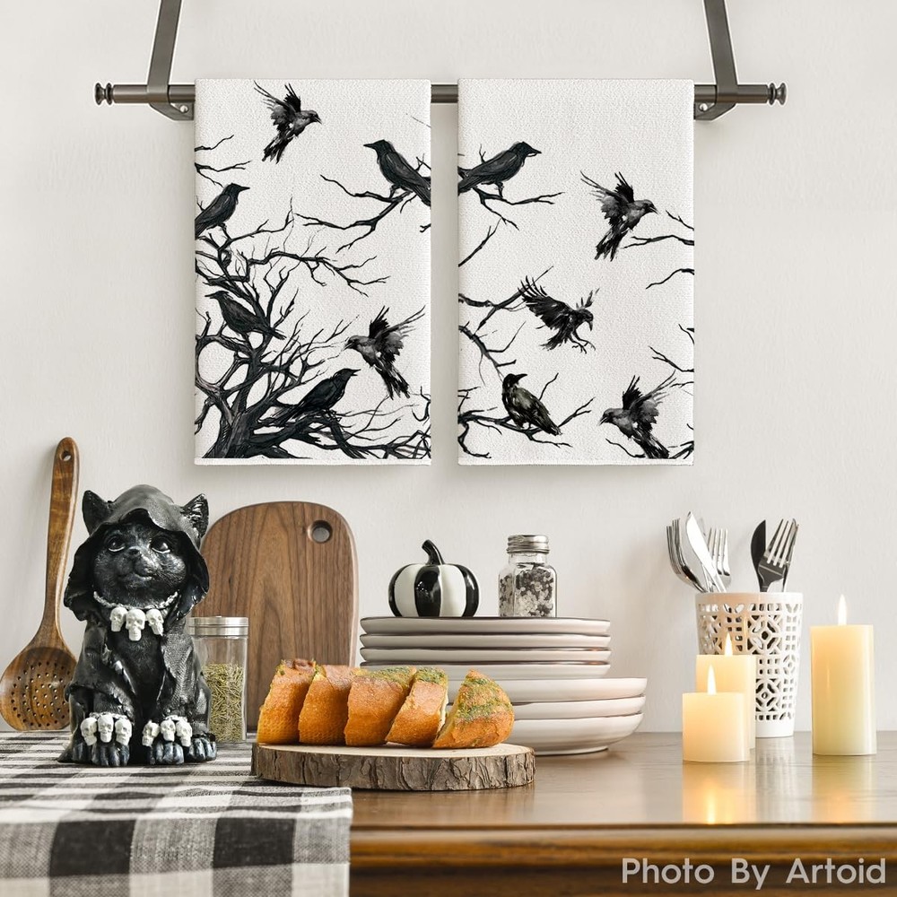 Halloween Decorations Tree Branches Crows Kitchen Dish Towels Gift 2PCS 18"x26"