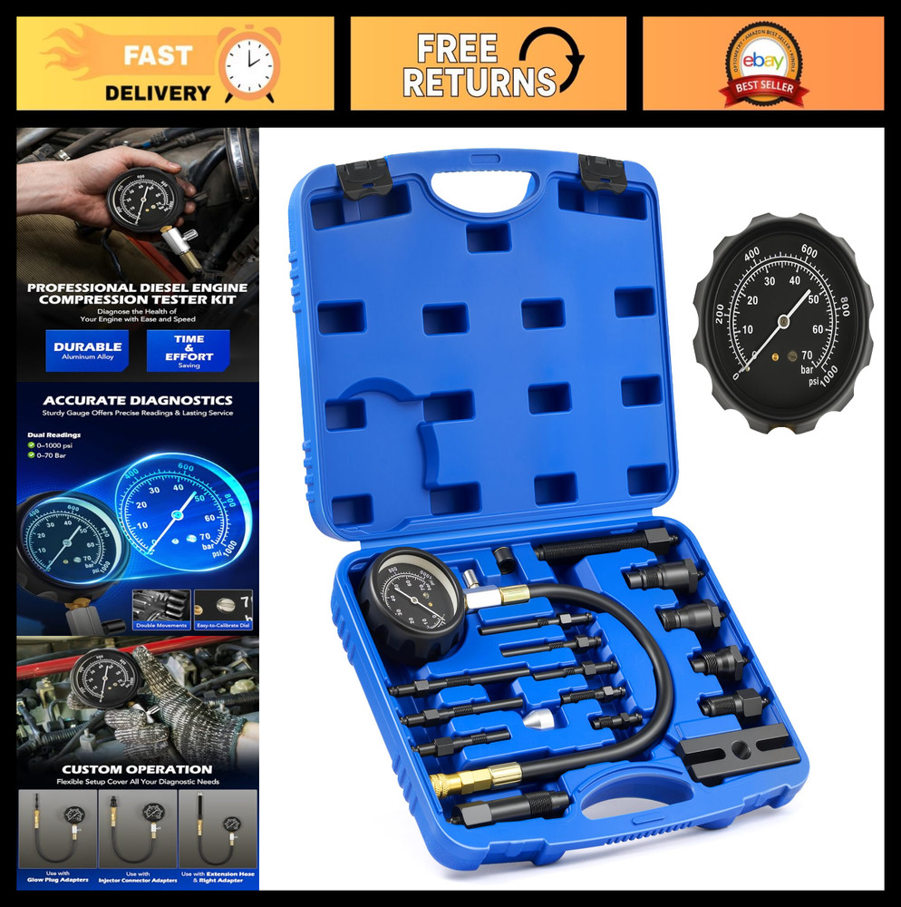 Diesel Engine Compression Tester Kit - 18pc Adjustable Pressure Gauge & Adapters