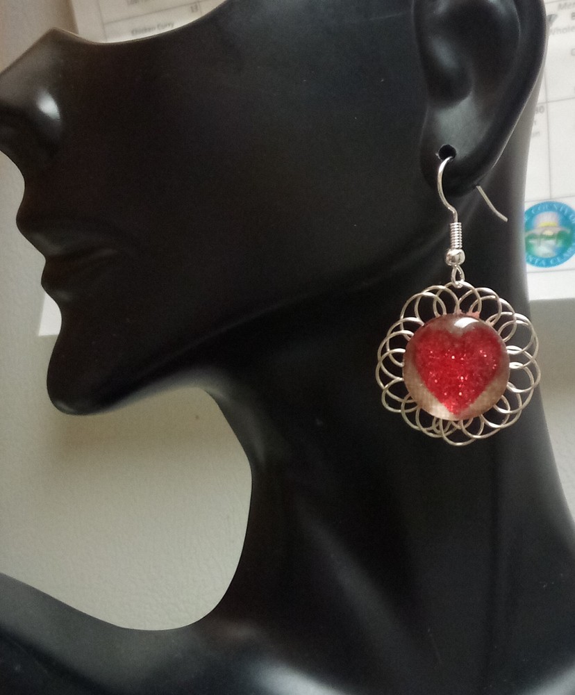 Wire Wrapped Red Glitter Heart Handmade Earrings.