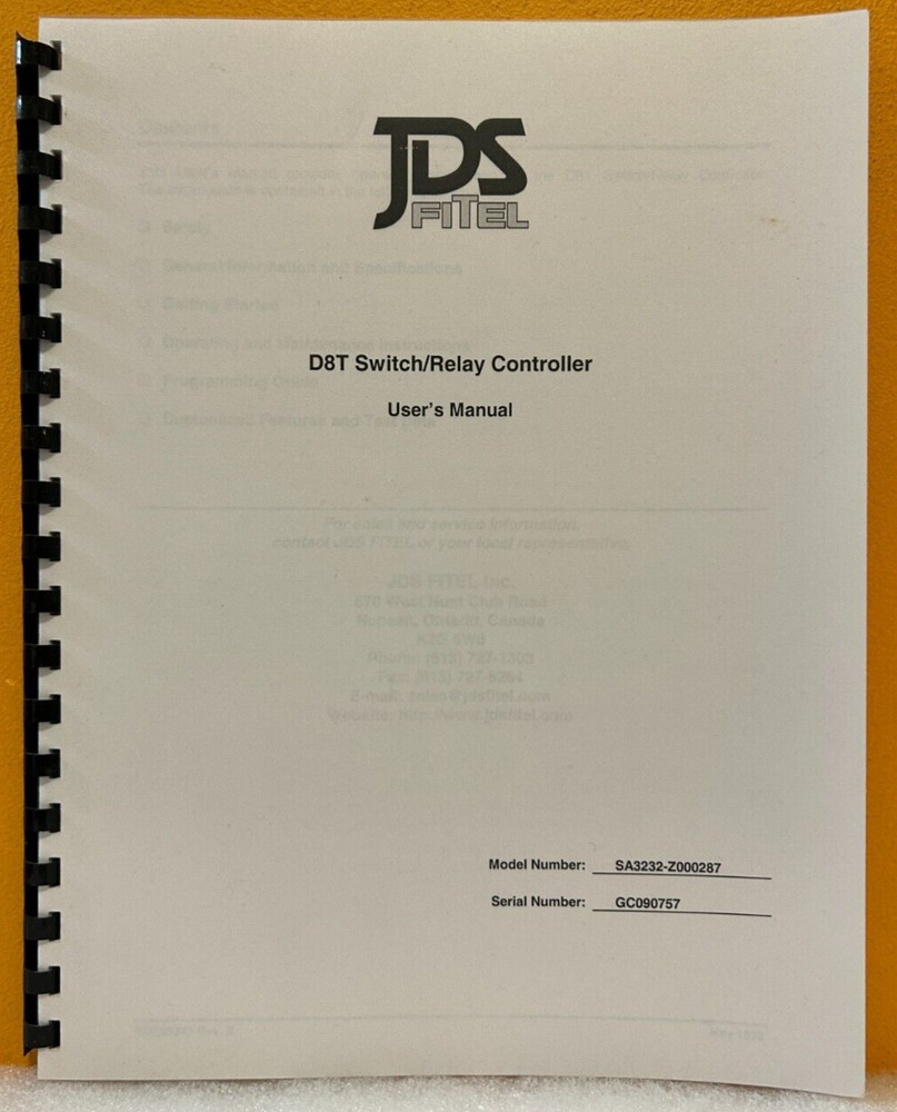 JDS Fitel SA3232-Z000287 D8T Switch/Relay Controller User's Manual.