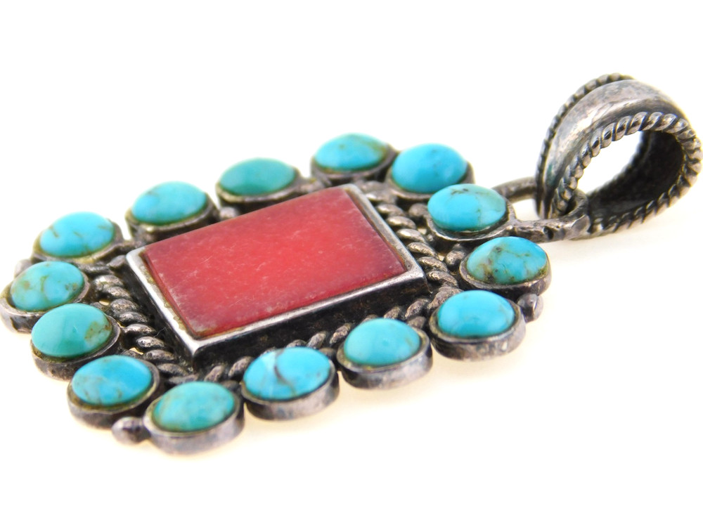 Bohemian Boho 925 Sterling Silver Turquoise & Ruby Pendant