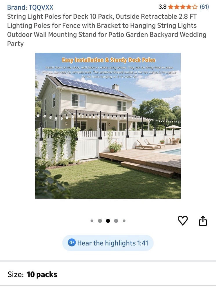 String Light Poles for Deck 10 Pack Outside Retractable 2.8 FT 10 packs