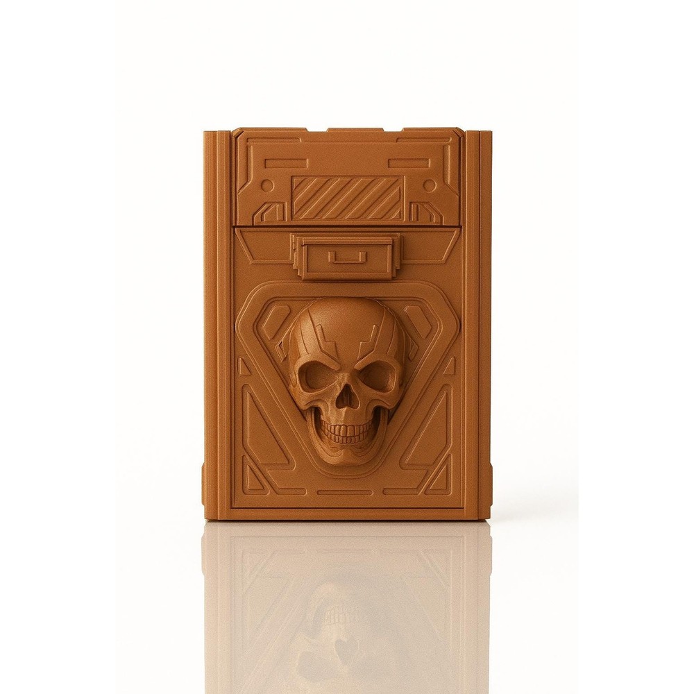 Core Decay Deck Box, futuristic skull sci-fi design, dice tray