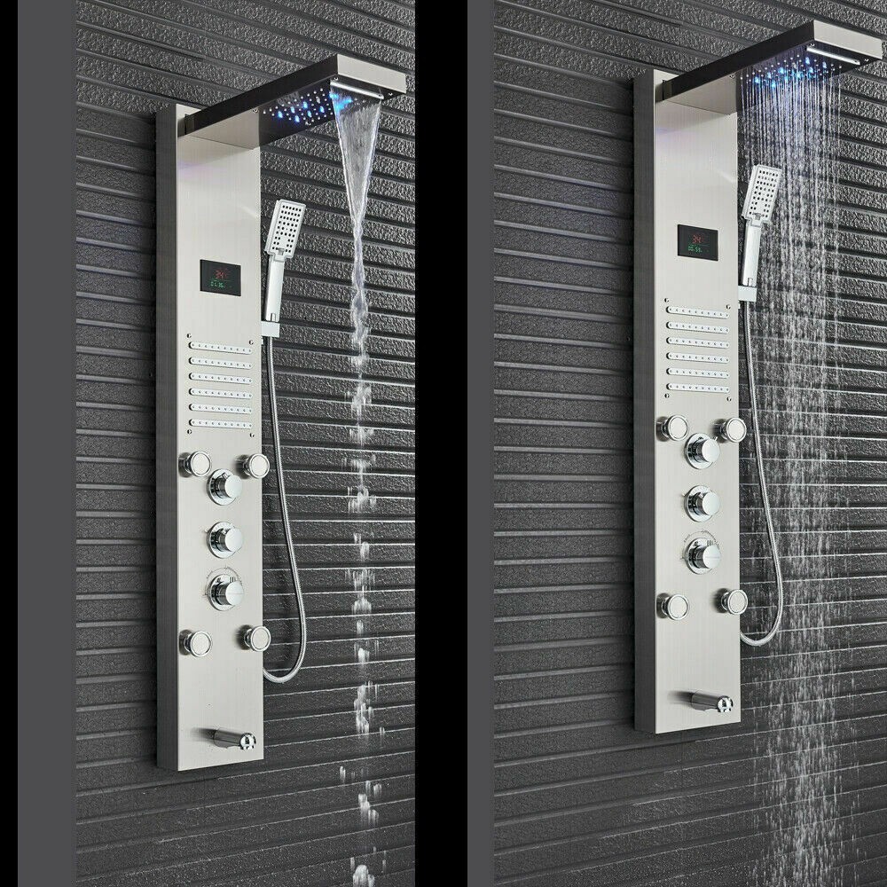 Shower Panel Tower System Brushed LED Rainfall Waterfall Massage Jets Body Tap
