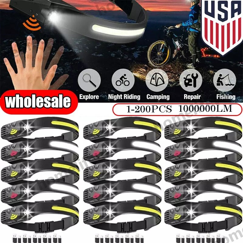 COB LED Headlamp USB Rechargeable Headlight Torch Work Light Bar HeadBand Sensor