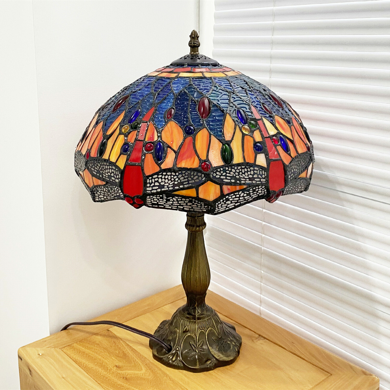 Beautiful Tiffany Table Lamp Red Dragonfly Style Stained Glass Home Decor 18"