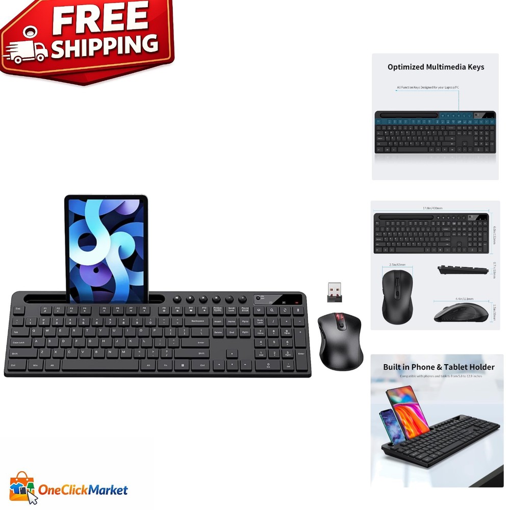 Ergonomic Wireless Keyboard & Mouse Combo with Tablet Holder - Black