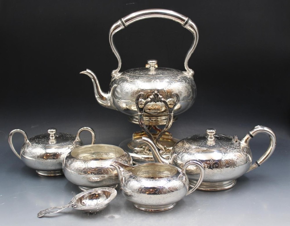 Antique Barbour Silver Co Silver Plate 6 Piece Tea Set w/ Tilting Kettle