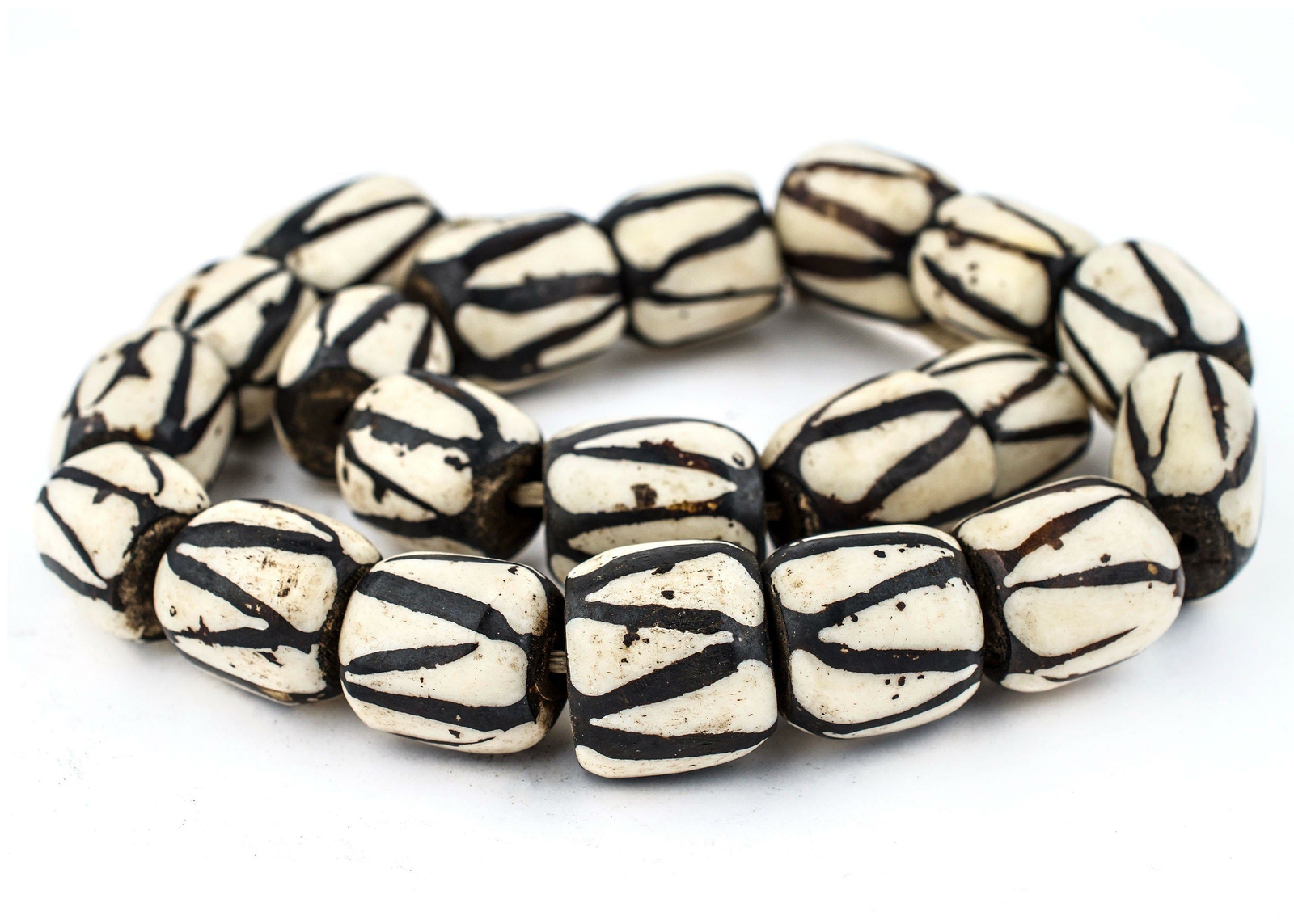 Diagonal Stripe Batik Bone Beads Barrel 24mm Kenya African Black and White