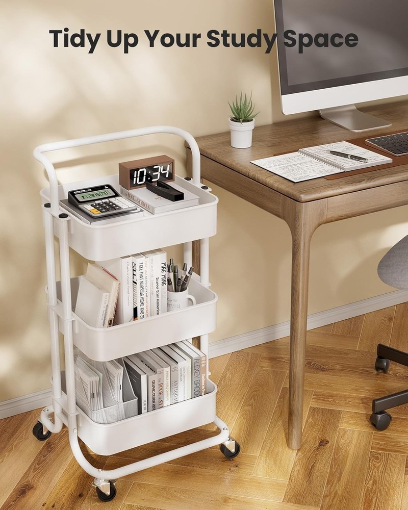 Adjustable 3 Tier Utility Cart with Handle, Lockable Wheels