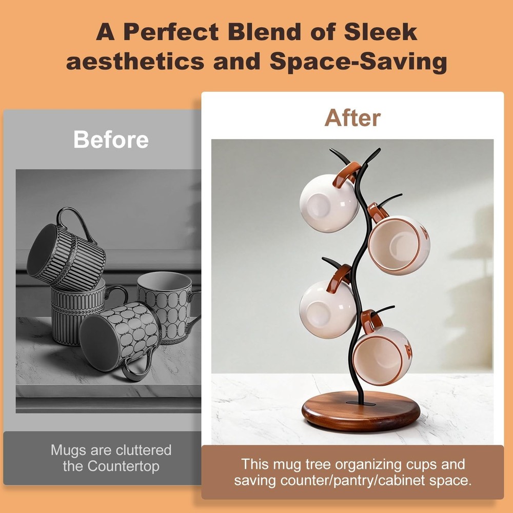 Mug Tree Holder, Bronze Metal Leaf Branch & Solid Wood Base Mug Holders, Coun...