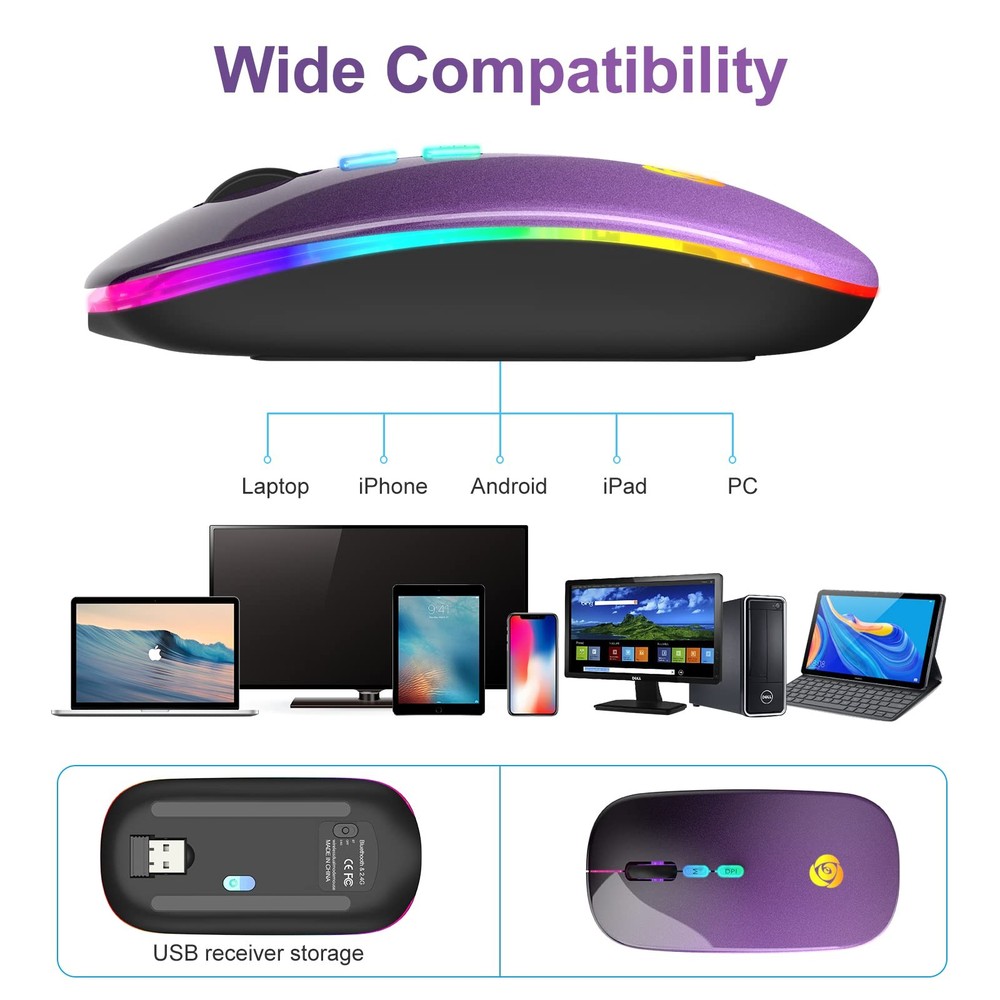 LED Wireless Mouse, Bluetooth Mouse &2.4GHz Instant Connection,Rechargeable U...