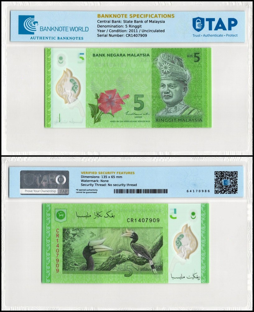 Malaysia 5 Ringgit, 2011 ND, P-52c, UNC Polymer, TAP Authenticated