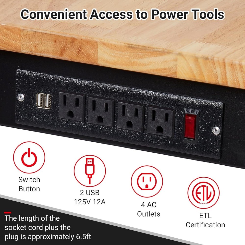 48" Adjustable Workbench Rolling Heavy-Duty Work Table w/ Wheels & Power Outlet
