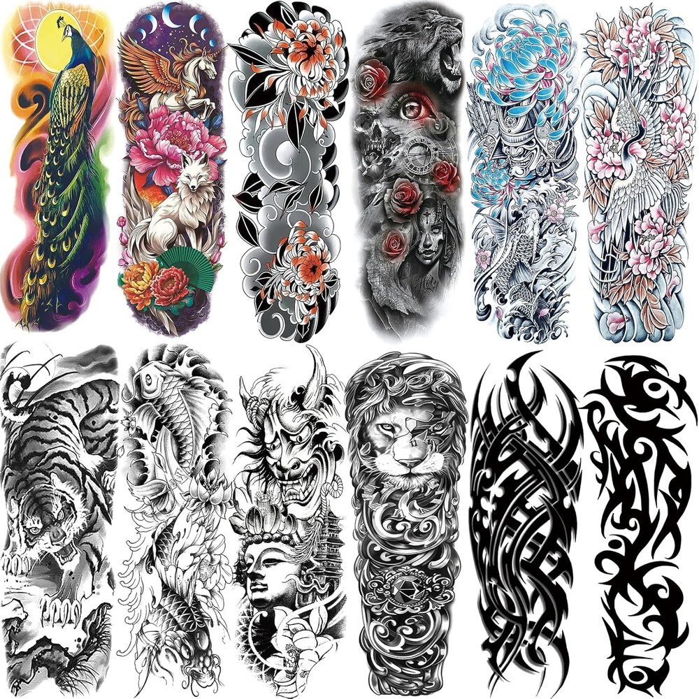 12 Sheets Large Full Arm Temporary Tattoos for Adults, Large, Multicolor