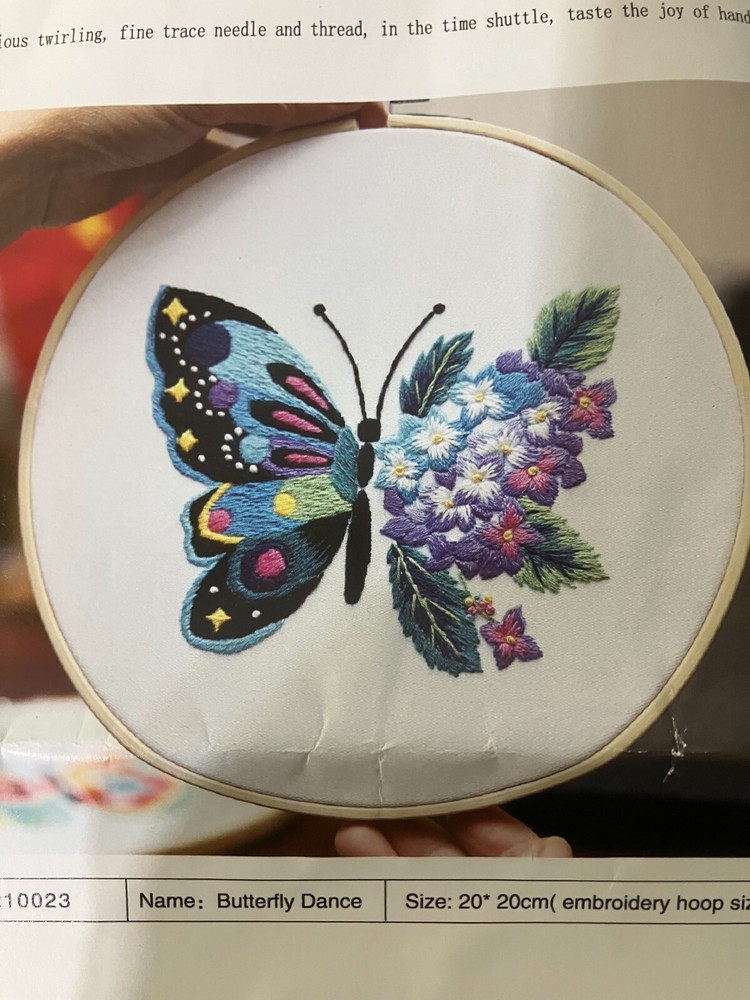 3 Handwork embroidery kits Butterfly, Dance, Fly, Float, hoops, thread, tools
