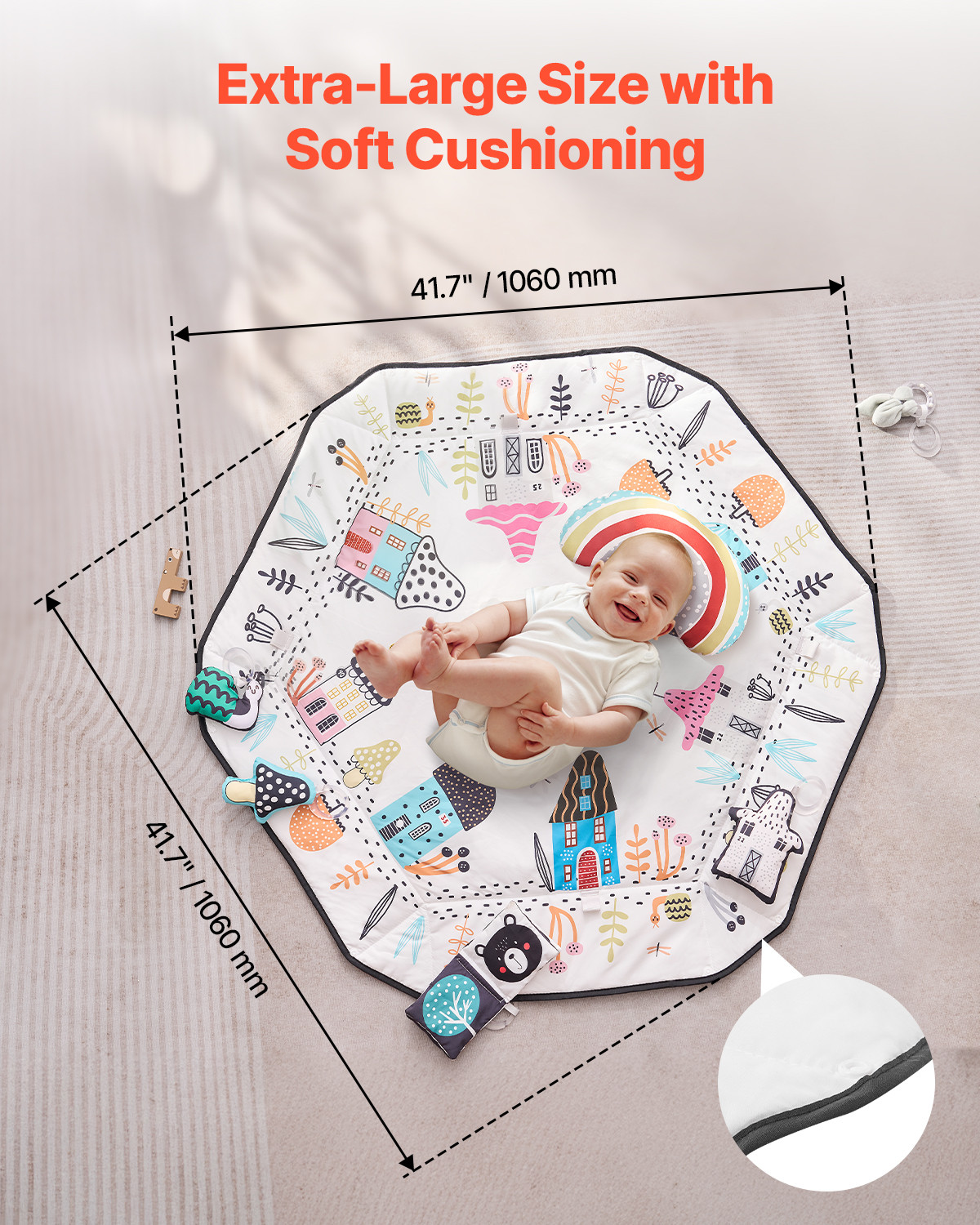 VEVOR Baby Play Gym Mat Tummy Time Activity Mat with 6Sensory Toys 41.7" x 41.7"