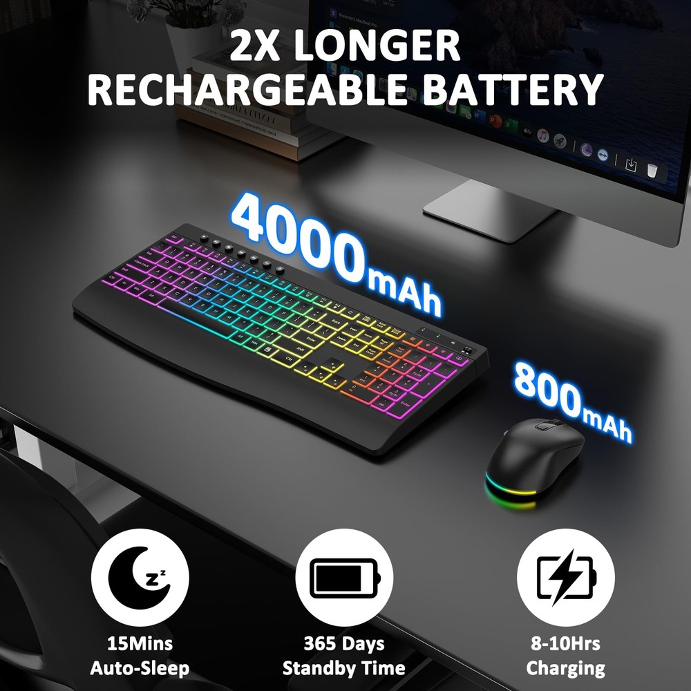 Wireless Keyboard and Mouse Combo, 9 Backlit Effects, Rechargeable 4000mAh Ba...