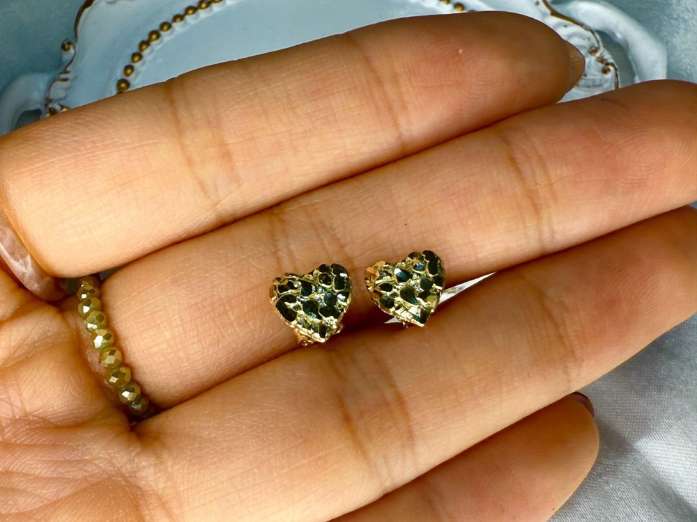 10K Real Solid Yellow Gold Heart Nugget Earrings