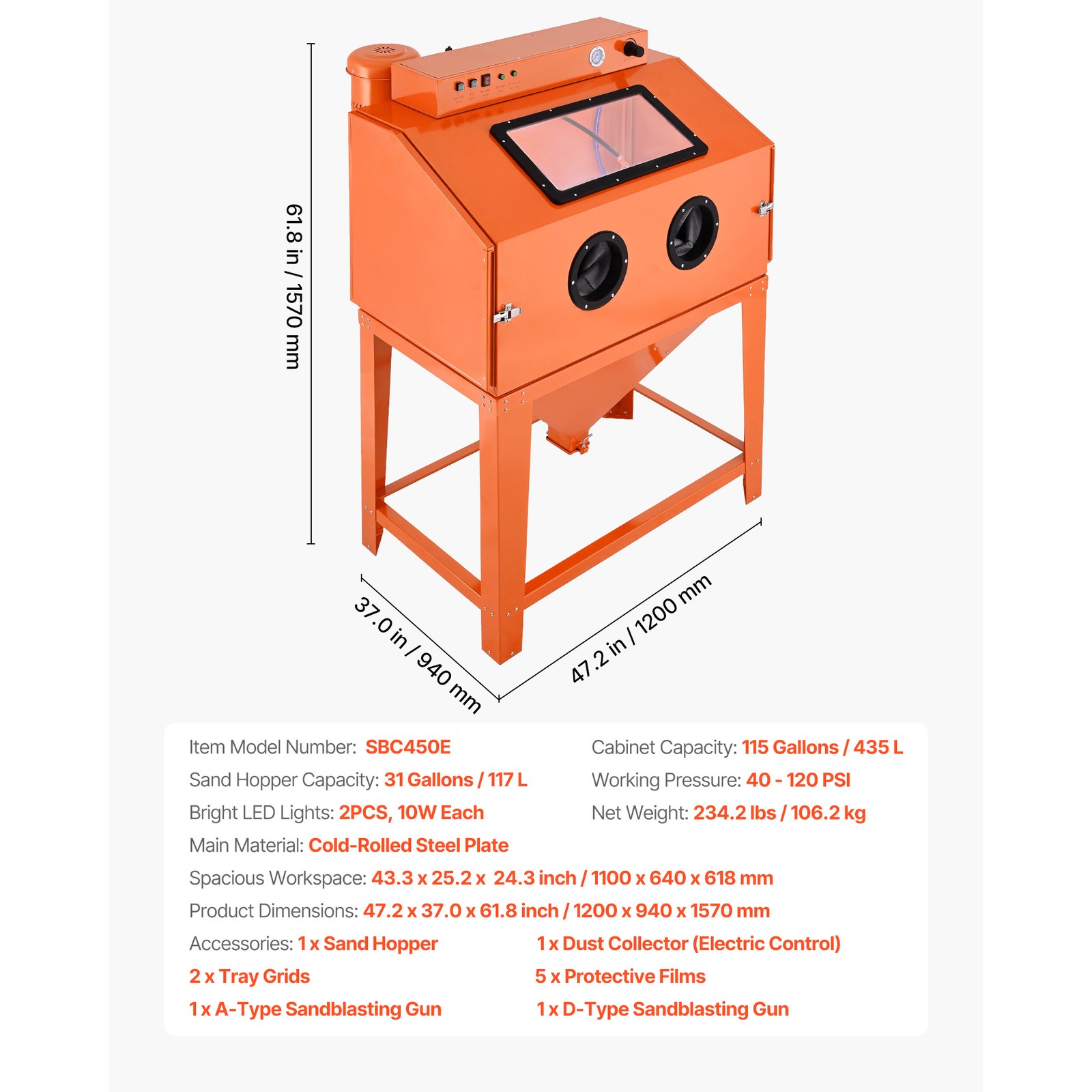 Uimoso 115 Gallon Steel Sandblasting Cabinet, Heavy Duty, 40-120 PSI