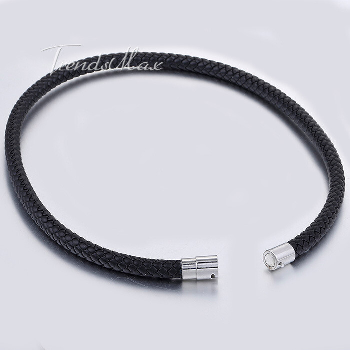 Men's Black Braided Leather Cord Necklace Choker Magnetic Clasp