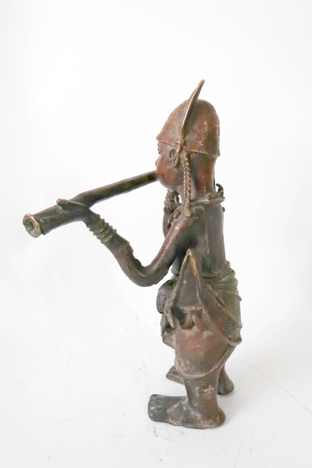 Large 20" BENIN Bronze Flute Player Sculpture Edo Nigeria Art King Oba Messenger