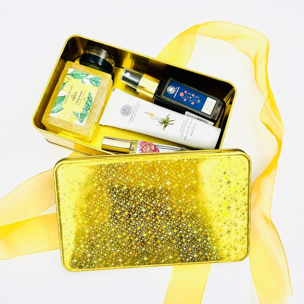 Gold Glitter Single Piece Empty Rectangular Tin Container W/ Lid Multipurpose