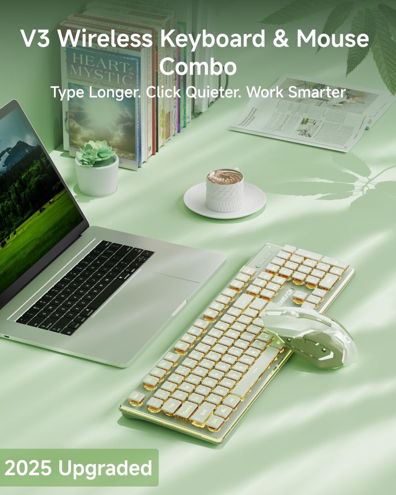 V3 Wireless Keyboard and Mouse with Single Backlit, Metal Panel, Bluetooth/2....