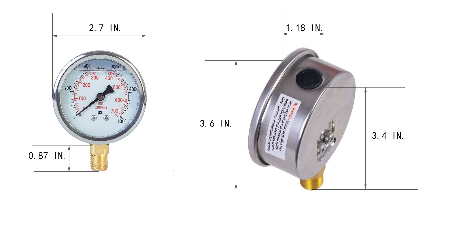 Pressure Gauge,Glycerin Filled,2-1/2" Dia,0-10000 psi,1/4 NPT lower mount