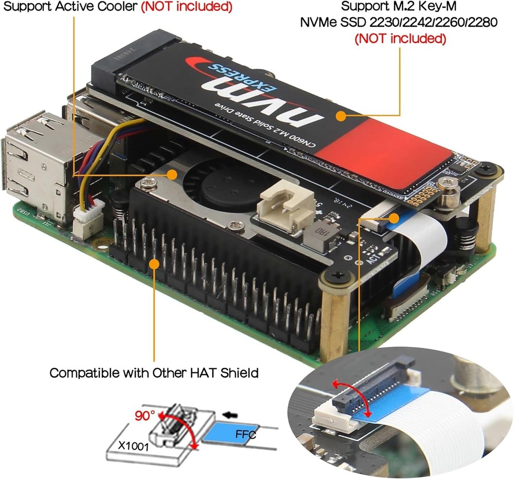 Lightweight X1001 PCIe M.2 HAT for Raspberry Pi 5 - Supports Multiple SSD Sizes