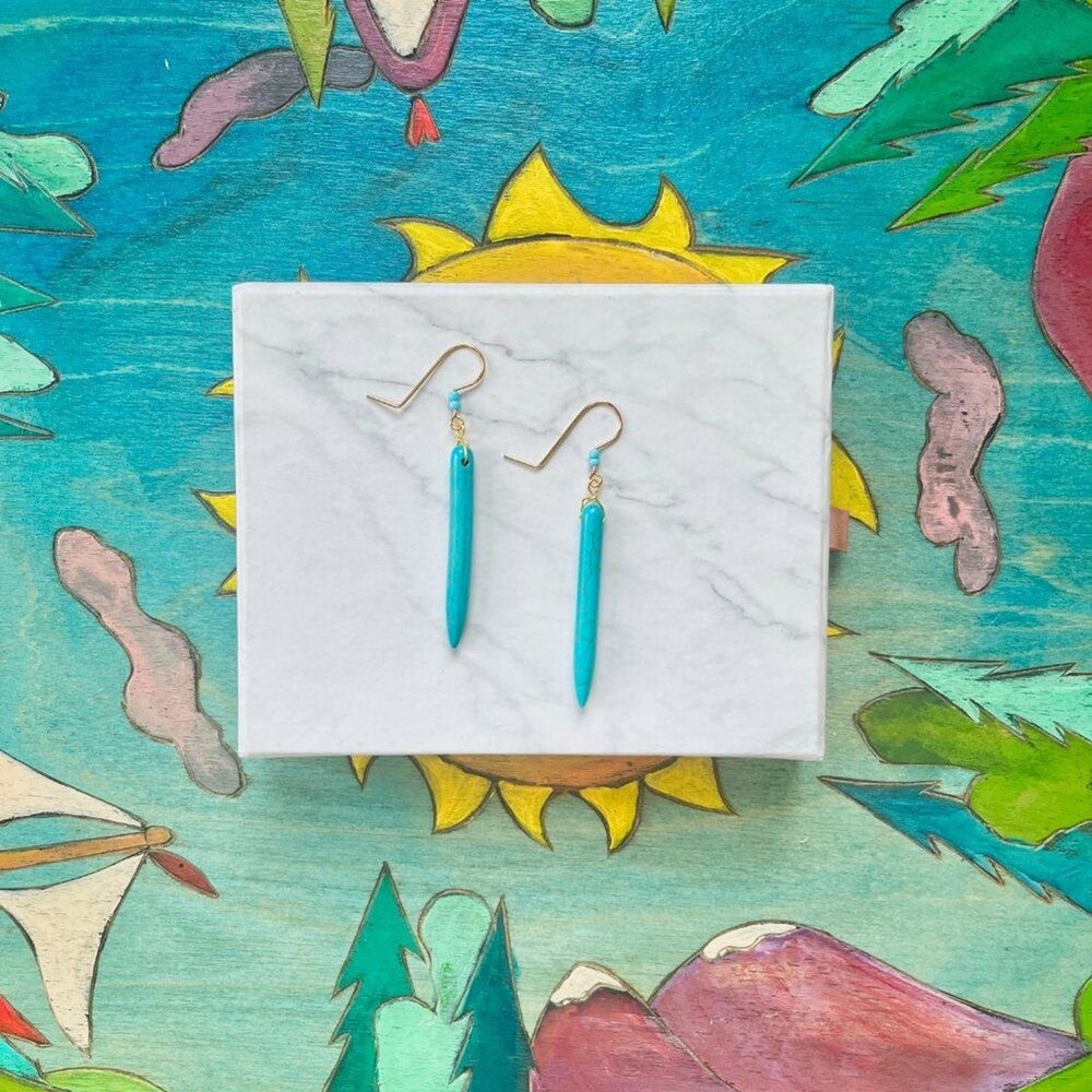 Turquoise Blue Crystal Dagger Drop Bar Earrings