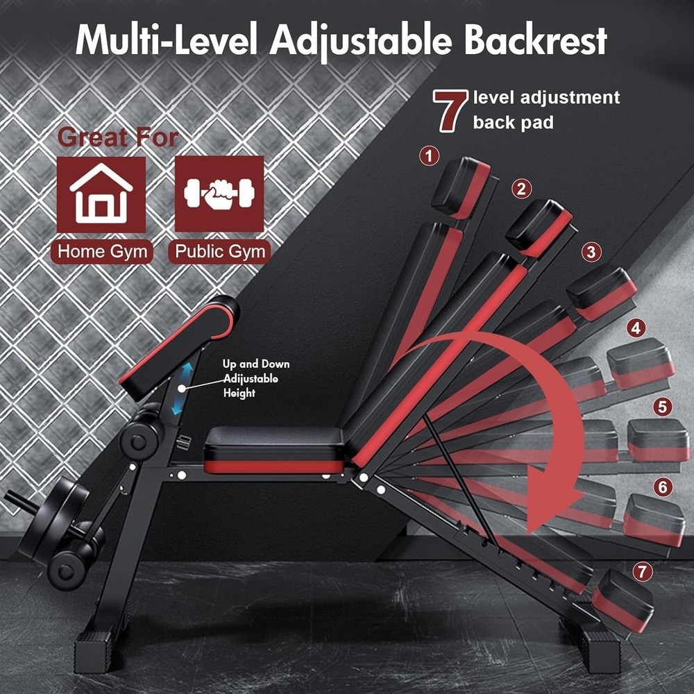 Foldable Incline/Decline Adjustable Bench with Extended Headrest & Leg Extension