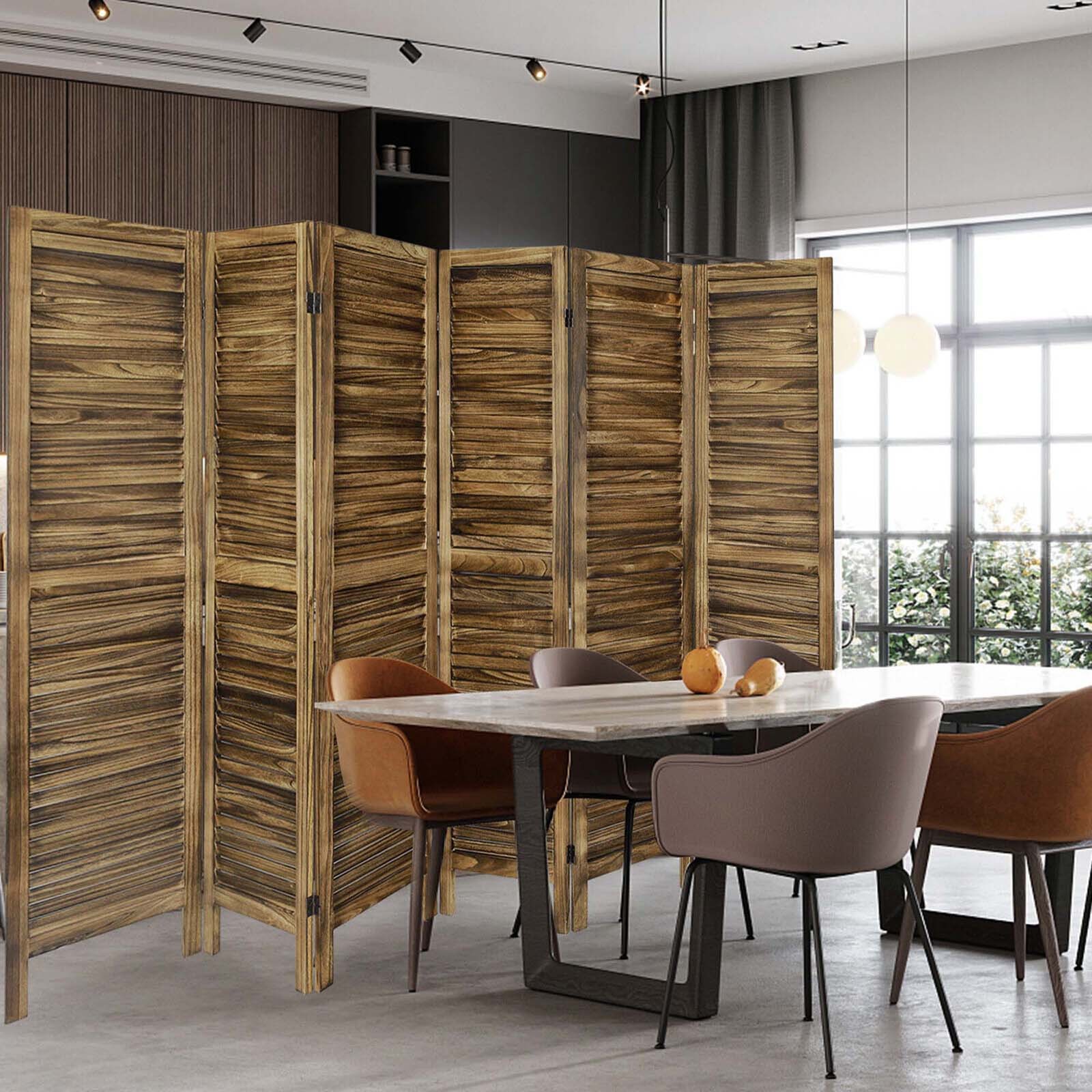 6 Panel Wood Room Divider Folding Privacy Screen Louvered Partition Wall Brown
