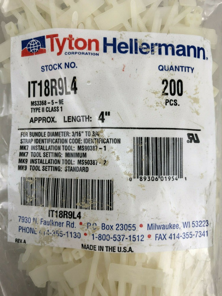 HellermannTyton RT18R9L4 -- White-- Bag of 200
