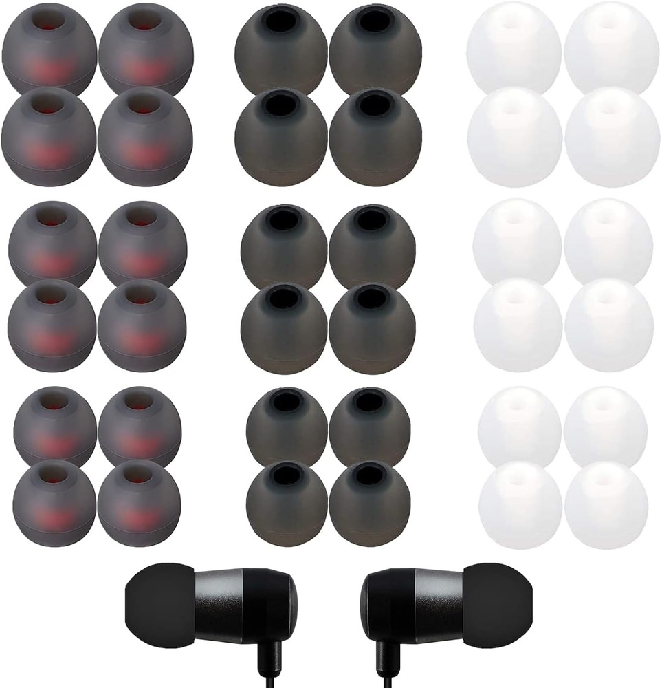Ear Bud Rubber Tips, 36 Pcs Earbud Replacement Gray red+Black+White