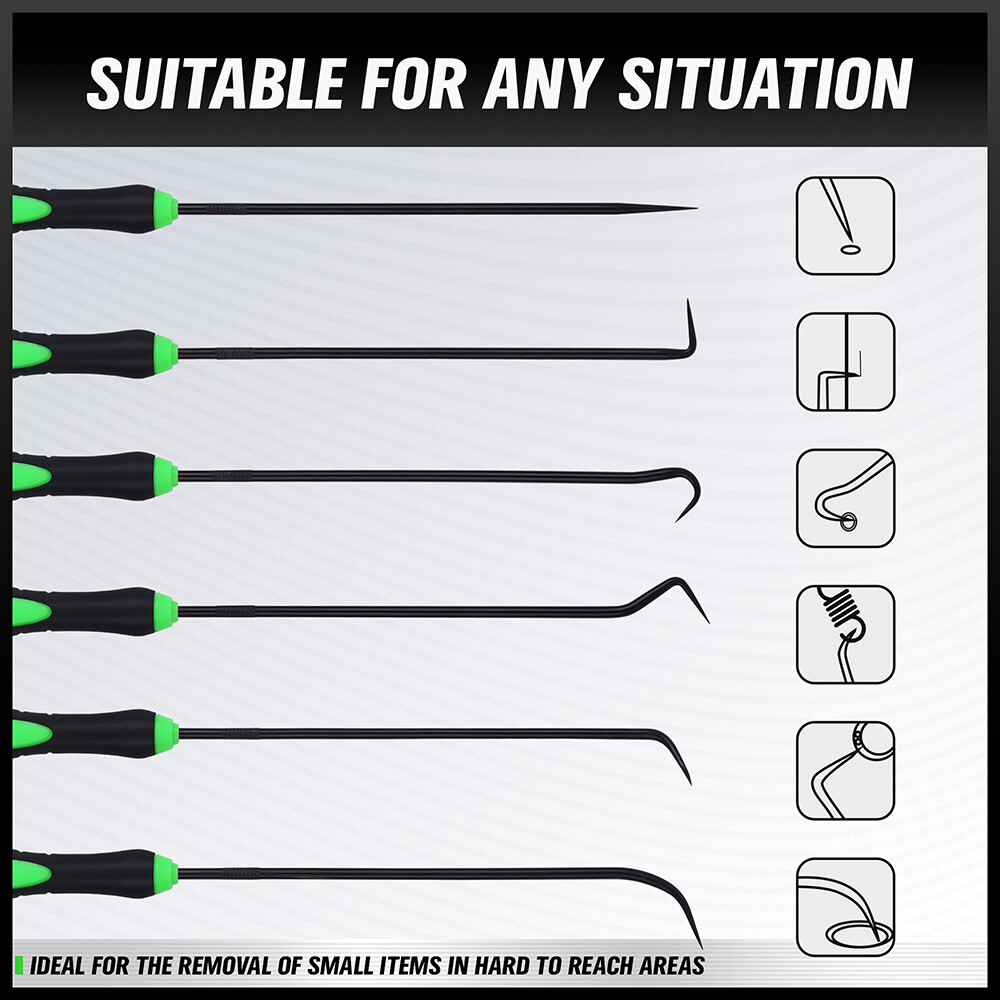 6pc Pick & Hook Set Extra Long O-Ring Seal Remover 9" Soft Grip Assorted Shapes