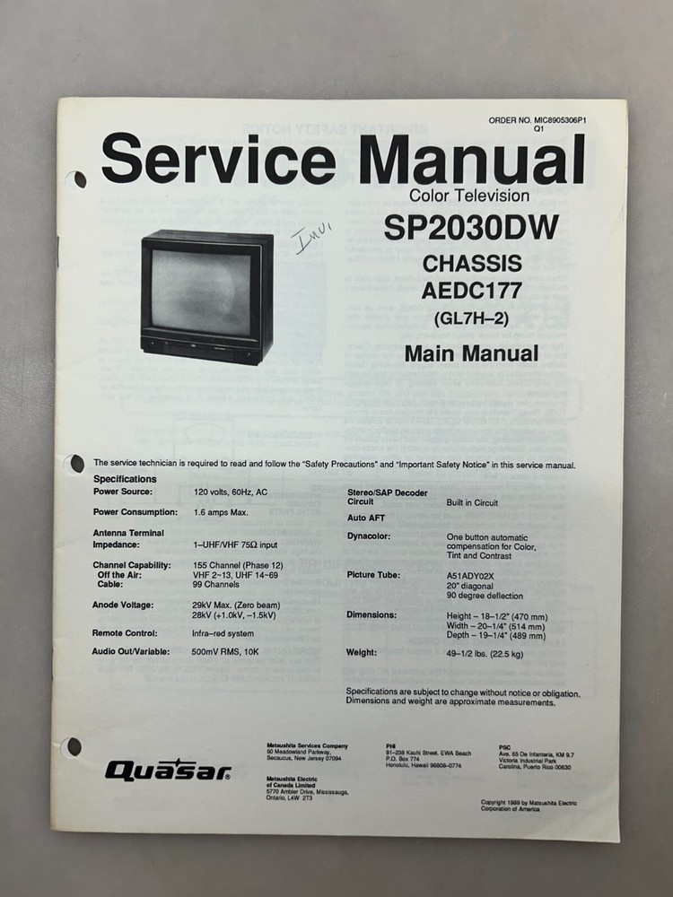 Quasar SP2030DW Original Service Manual Free Shipping