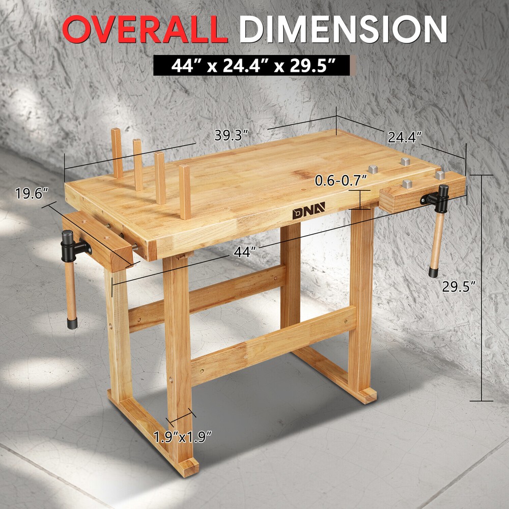 40" x 25" Heavy Duty Oak Plank Workbench Work Table w/ 2 Adjustable Handles