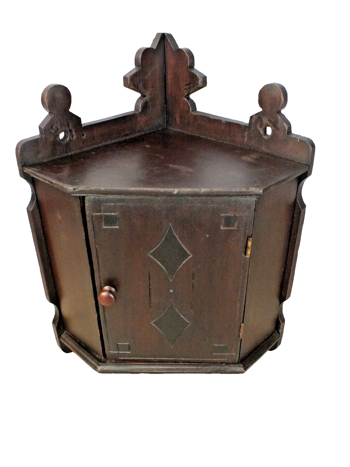 1800s Antique Wall Hung Corner Cabinet Dark Red Brown Finish w Black Highlights