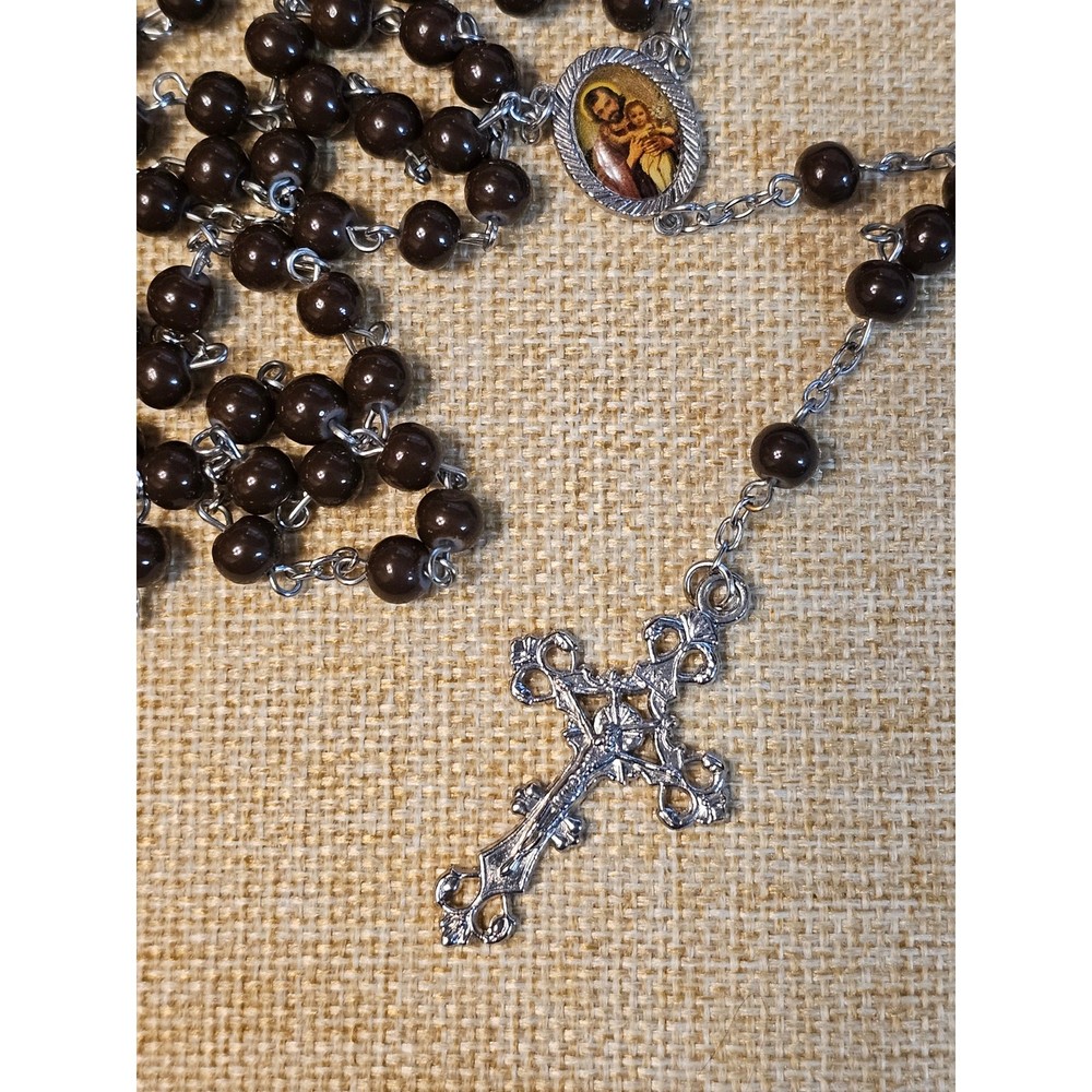Vintage Silver Tone Crucifix Rosary St. Joseph Baby Jesus Brown Bead