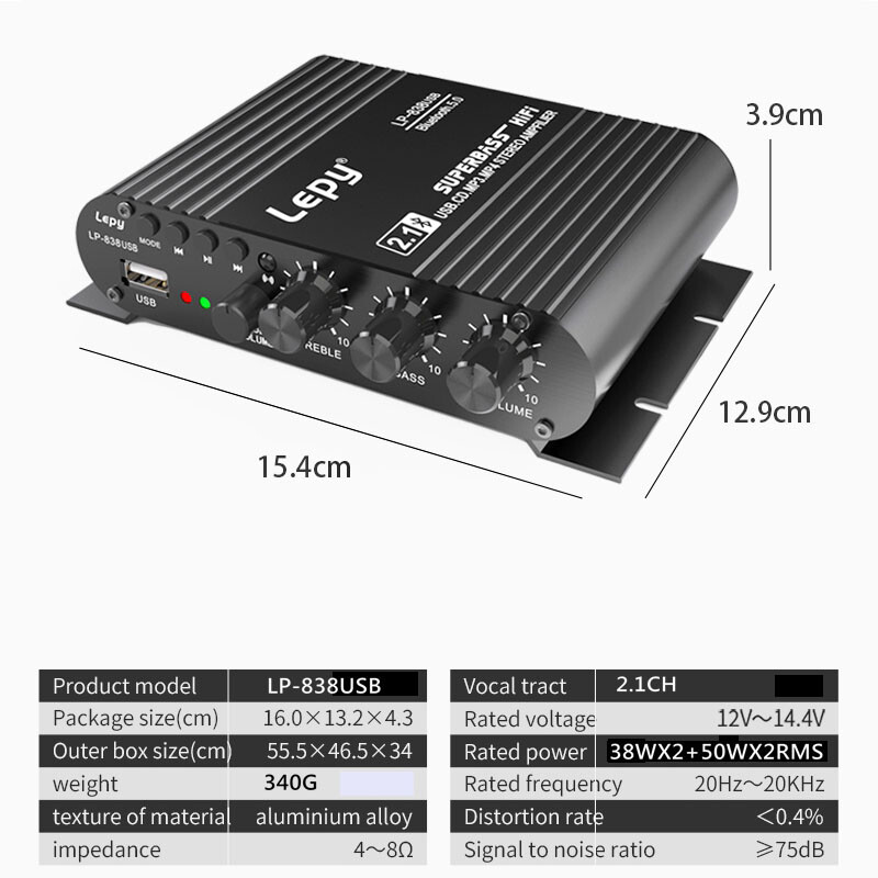 2.1CH HIFI Amplifier: 38Wx2 + 50W Bass, Bluetooth/USB/RCA Multi-Input‌